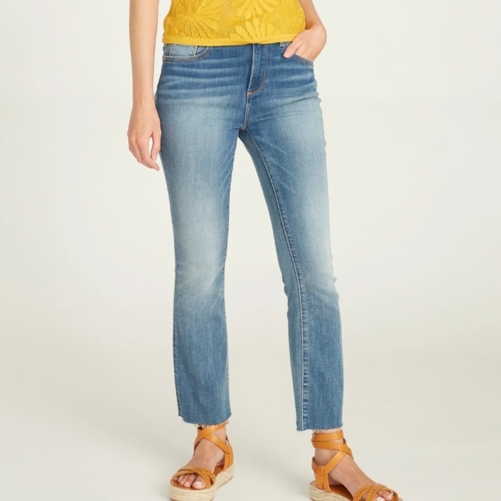 DRIFTWOOD Roxy blue Bahama mama high rise flared leg raw frayed hem jeans